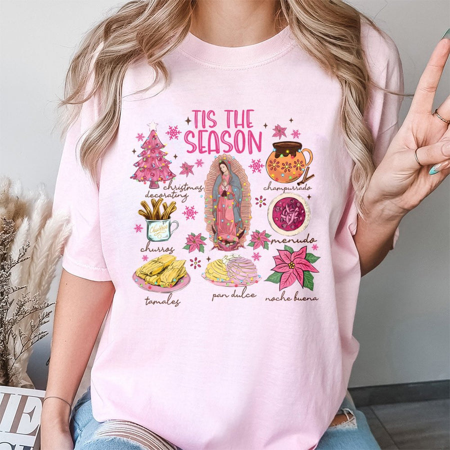 Mexican Christmas Graphic T-Shirt | Tis The Season Food Icons Print | Soft Cotton Premium Tee | Unique Noche Buena Gift For Latinos