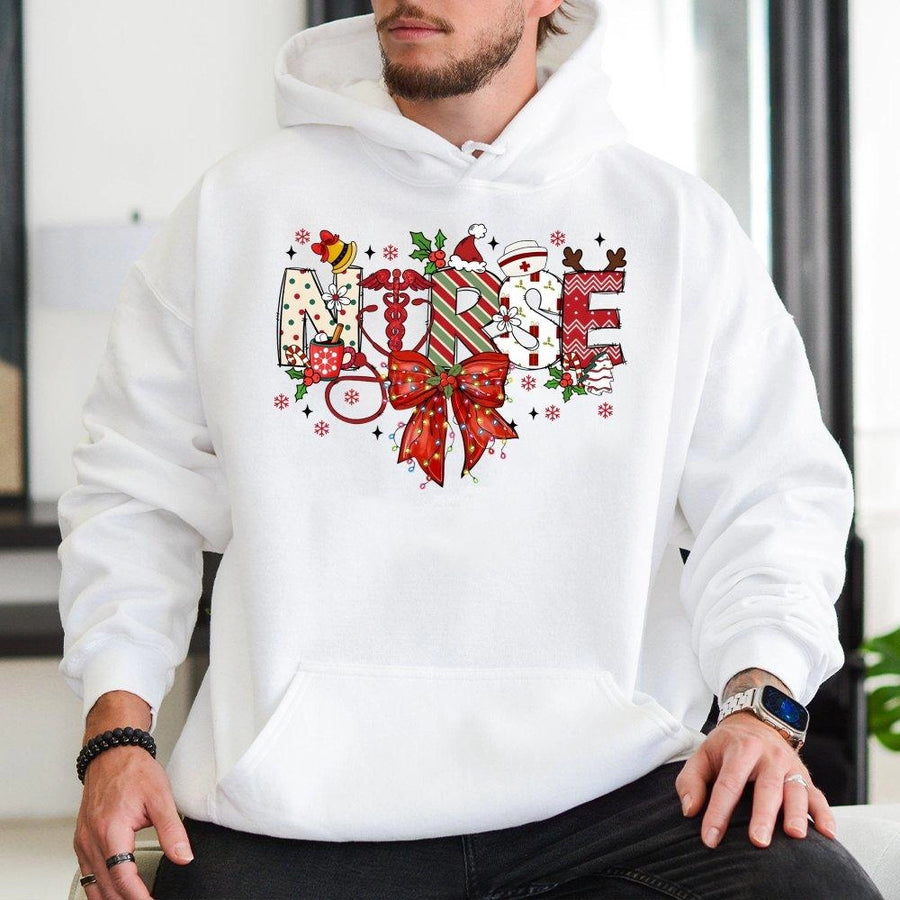 Christmas Nurse Hoodie | Festive Holiday Medical Graphic Sweatshirt | Cotton-Polyester Premium Quality | Gift for Registered Nurse, RN, LPN
