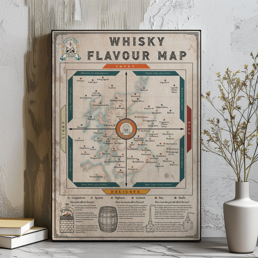 Whisky Flavour Map Canvas Print | Scottish Distillery Infographic Poster | Premium Gallery Wrap Wall Art | Unique Gift For Whisky Lovers