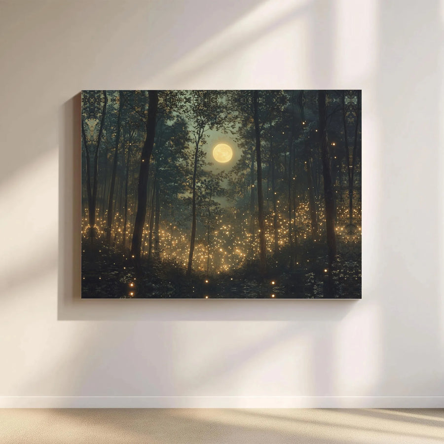 Enchanted Forest Canvas Wall Art | Glowing Fireflies and Full Moon | Premium Gallery-Wrapped Print | Nature Lover Home Decor Gift