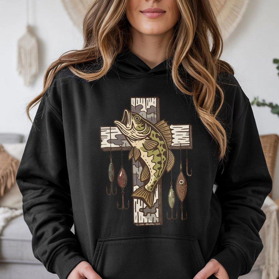 Fishing Cross Hoodie | Bass Fish Lure Faith Graphic Design | Premium Cotton Blend | Christian Fisherman Gift for Men and Women