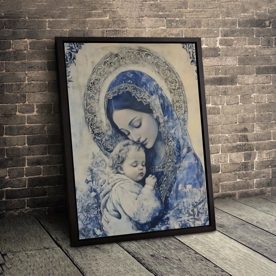 Madonna and Child Canvas Wall Art | Blue and White Virgin Mary Portrait | Premium Fade-Resistant Religious Decor | Catholic Gift for Home Office