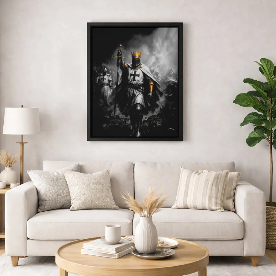 Knight Templar Canvas Wall Art | Golden Crown Crusader Warrior Design | Premium Fade-Resistant Print | Dark Aesthetic Home & Office Decor Gift