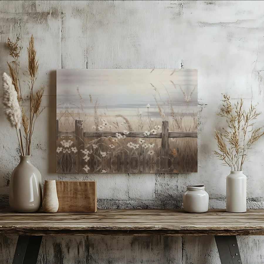 Rustic Meadow Canvas Wall Art | Wildflowers and Wooden Fence Painting | Premium Fade-Resistant Gallery Wrap | Farmhouse Home Decor Gift
