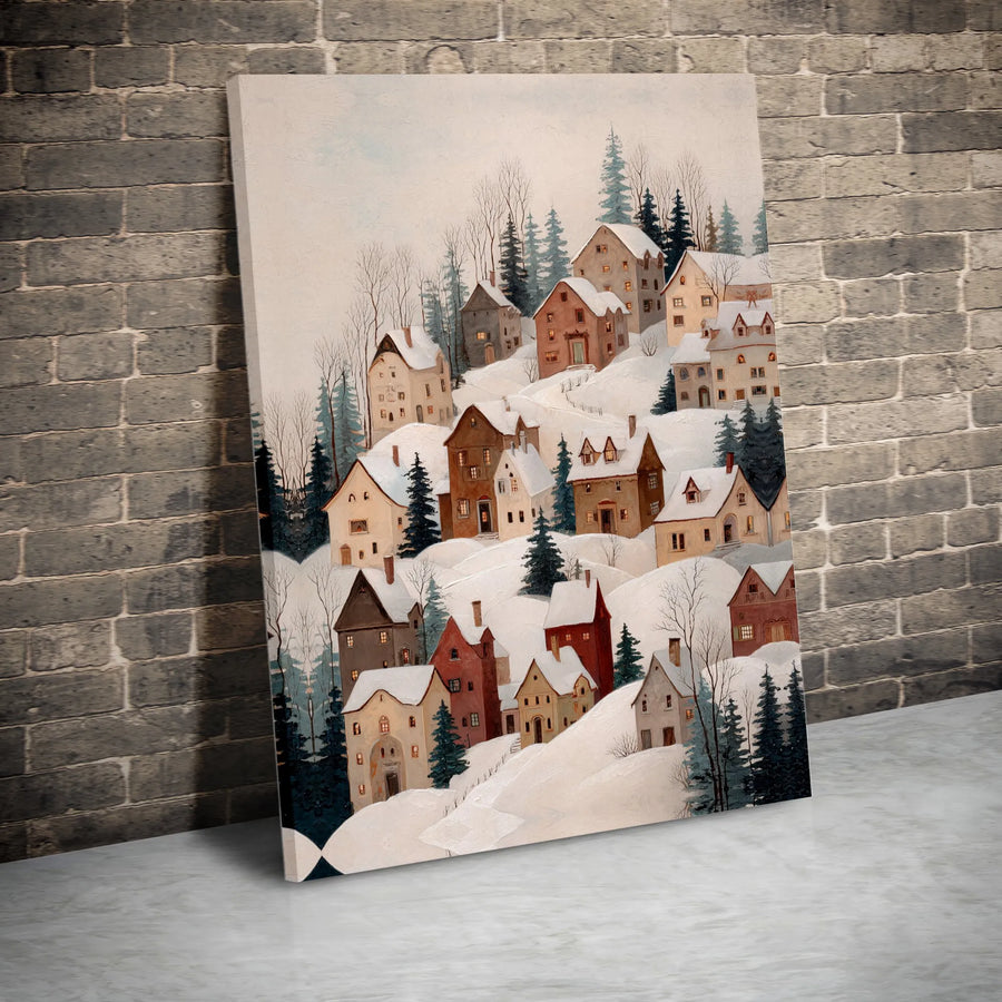 Winter Village Canvas Wall Art | Snowy Mountain Town Landscape | Premium Gallery Wrapped Print | Festive Holiday Home Decor