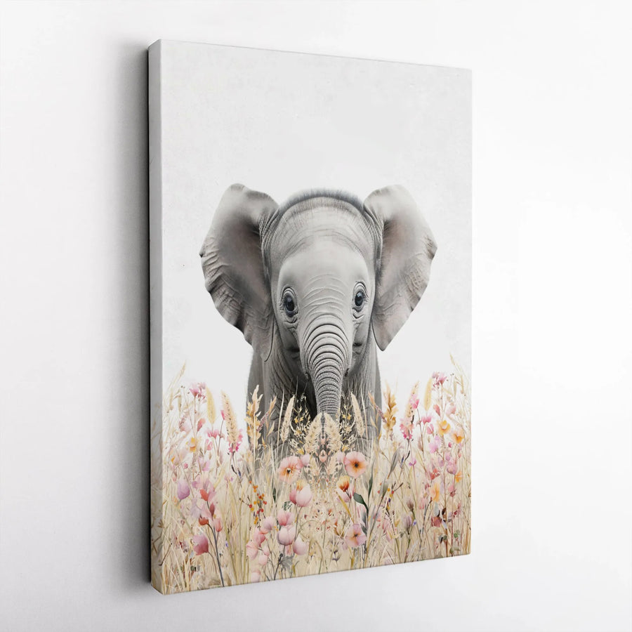Baby Elephant Wall Art | Wildflower Meadow Nursery Decor | Premium Gallery Wrap Canvas | Cute Animal Safari Gift for Kids Room
