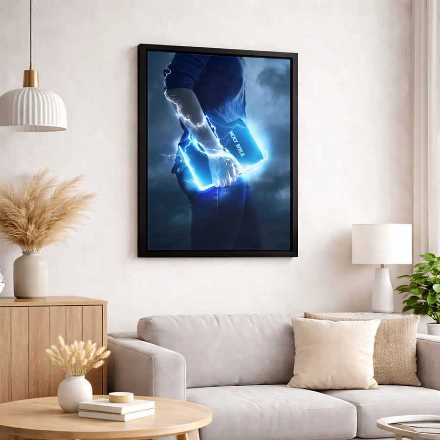 Glowing Holy Bible Canvas Print | Lightning Spiritual Wall Art | Premium 1.25 Inch Gallery Wrap | Christian Home Decor Gift