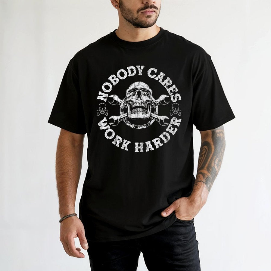 Nobody Cares Work Harder T-Shirt | Industrial Skull Wrench Design | 100% Cotton Premium Tee | Motivational Gym Streetwear Gift for Him or Her