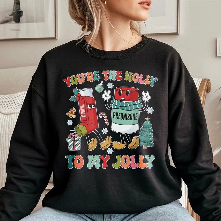Respiratory Therapist Christmas Sweatshirt | Funny Inhaler & Prednisone Holiday Design | Premium Cotton Blend | Gift for Medical Professionals