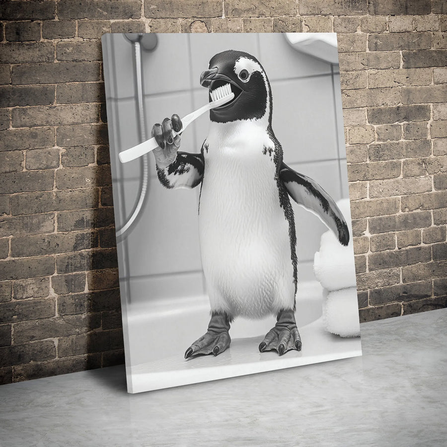Funny Penguin Brushing Teeth Canvas | Quirky Bathroom Wall Art | 1.25-Inch Premium Gallery Wrap | Whimsical Animal Decor Gift for Kids and Adults