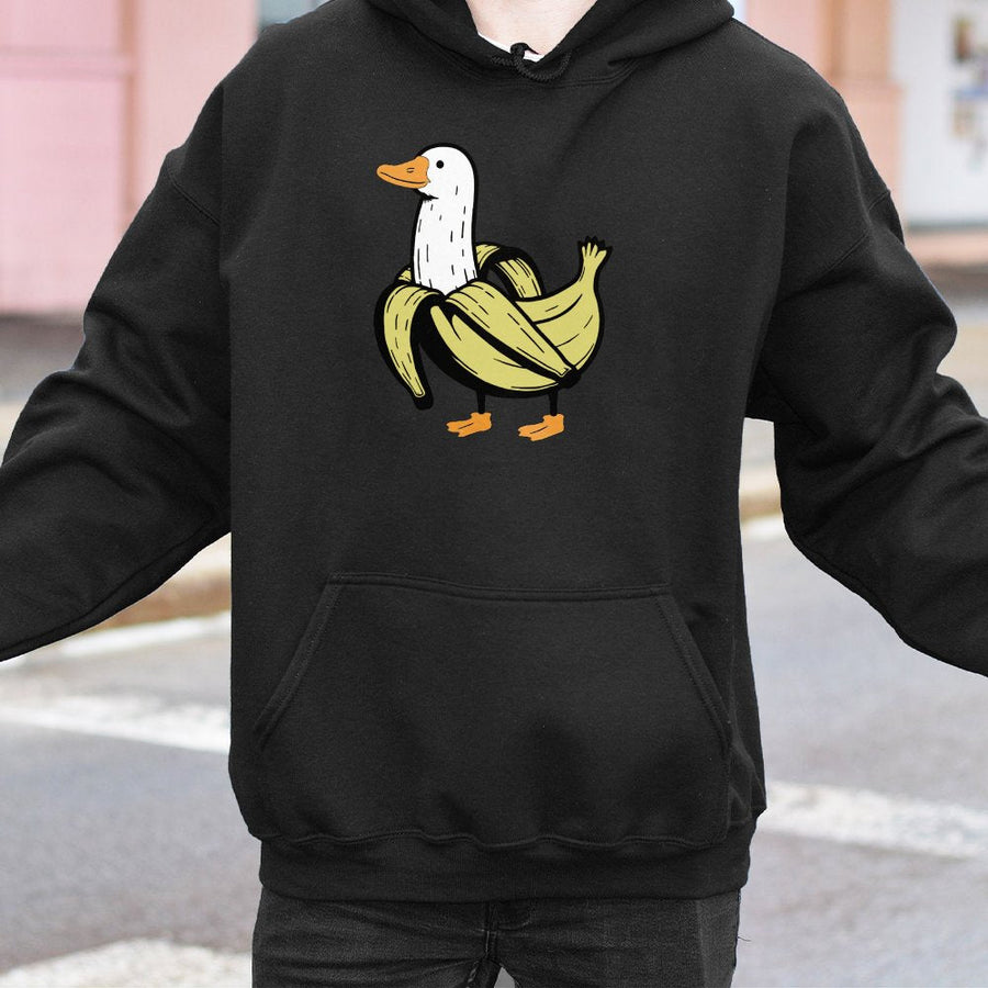 Banana Duck Hoodie | Cute Quirky Animal Graphic Sweatshirt | Premium Cotton-Blend | Funny Animal Lover Gift for Men & Women