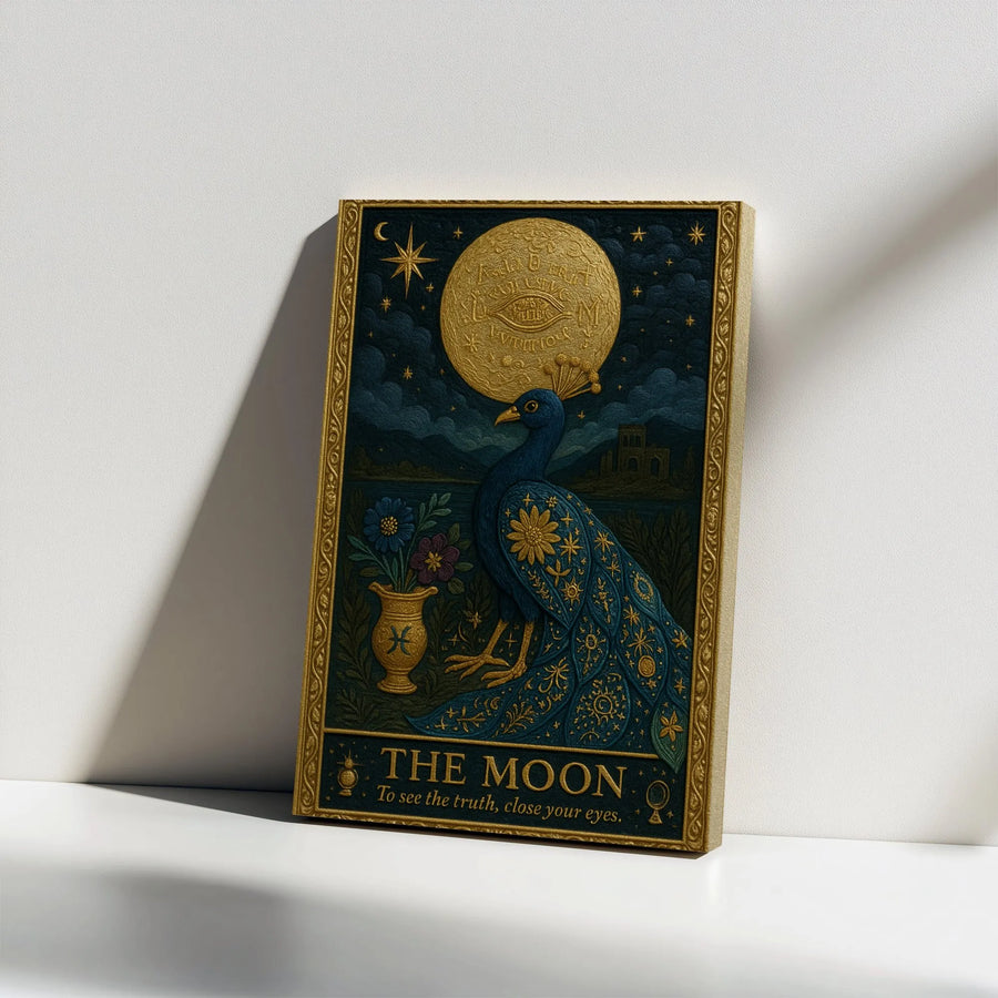 The Moon Tarot Card Canvas | Vintage Peacock & Pisces Zodiac Art | Premium Thick Gallery Canvas | Mystical Boho Home Decor Gift