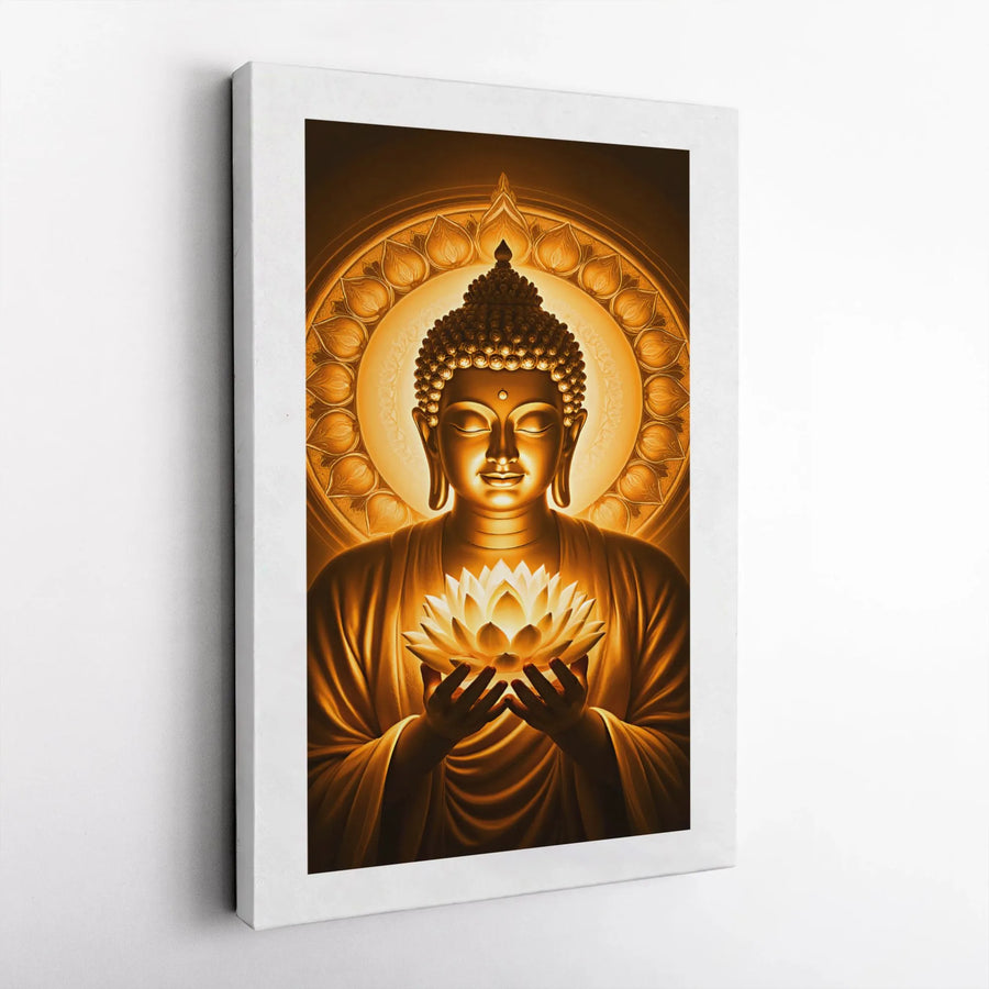 Golden Buddha Canvas Wall Art | Glowing Lotus Meditation Print | Premium Gallery Wrap 1.25" Profile | Spiritual Home Decor & Zen Gift