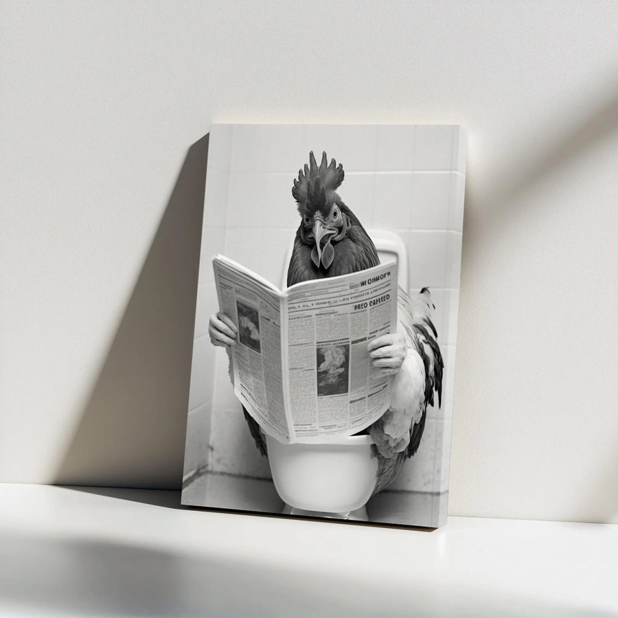 Funny Rooster on Toilet Canvas | Black and White Bathroom Art | Premium Frameless Wall Decor | Quirky Farmhouse Animal Print Gift