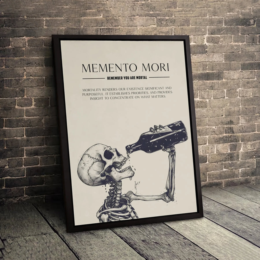 Memento Mori Canvas Art | Skeleton Drinking Bottle Wall Decor | Gallery-Wrapped Premium Print | Stoic Philosophy Gift for Office or Home