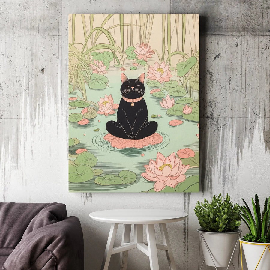 Zen Black Cat Canvas Art | Meditating Kitten on Lily Pad | Premium 1.25" Gallery Wrap | Spiritual Home Decor Gift for Cat Lovers