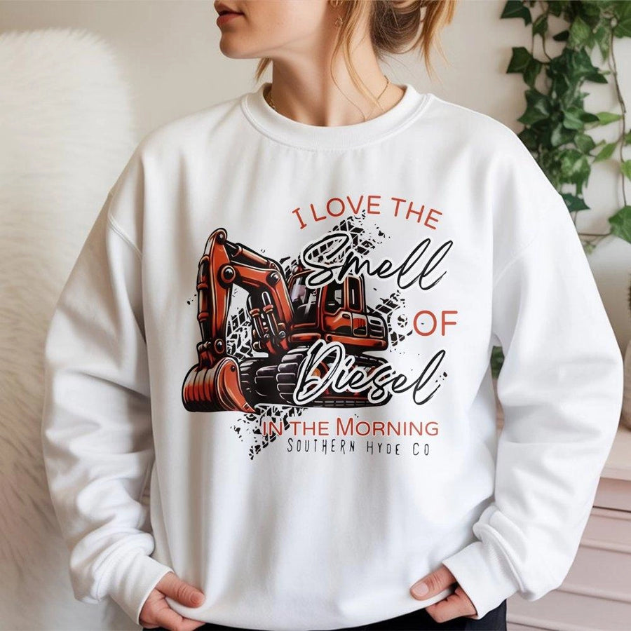Smell Of Diesel In The Morning Sweatshirt | Construction Excavator Graphic | Premium Cotton-Poly Blend | Heavy Equipment Operator Gift For Men