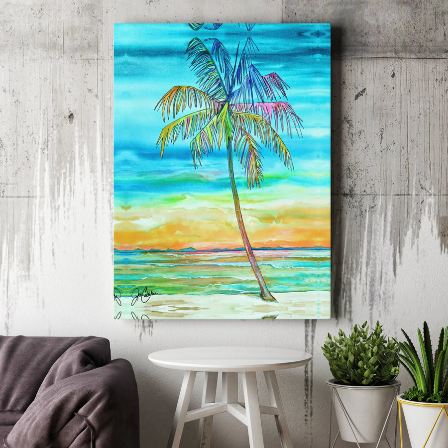 Colorful Palm Tree Canvas Wall Art | Vibrant Watercolor Sunset Painting | Premium Thick Gallery Wrap | Coastal Home Decor Gift