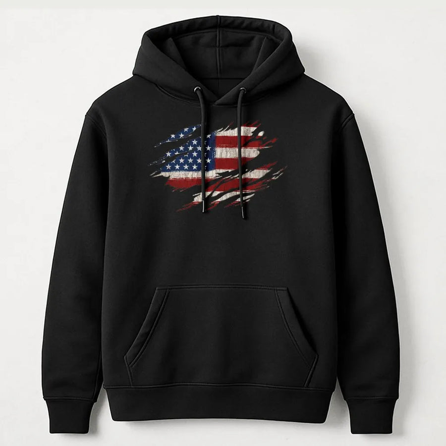 American Flag Hoodie | Vintage Tattered USA Flag Pullover | Soft Cotton Blend Crewneck | Unisex Patriotic 4th of July Gift