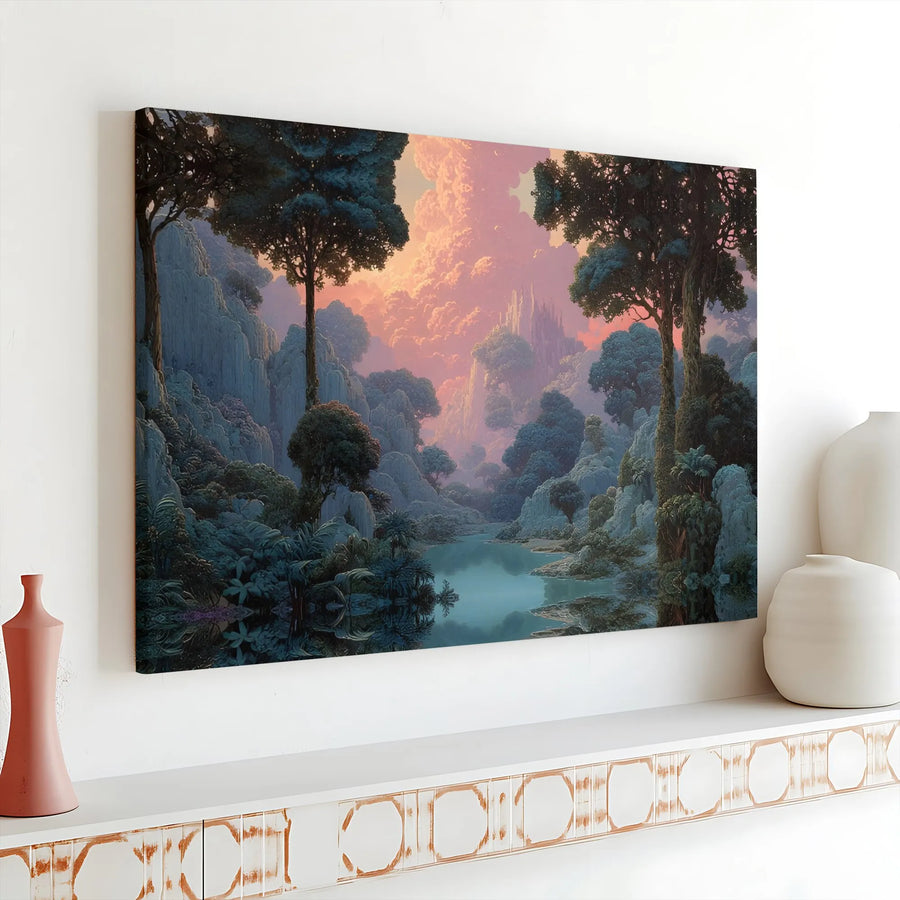 Fantasy Landscape Wall Art | Serene Forest Castle Sunset Canvas Print | Premium Gallery Wrap Decor | Dreamy Nature Gift for Home Office