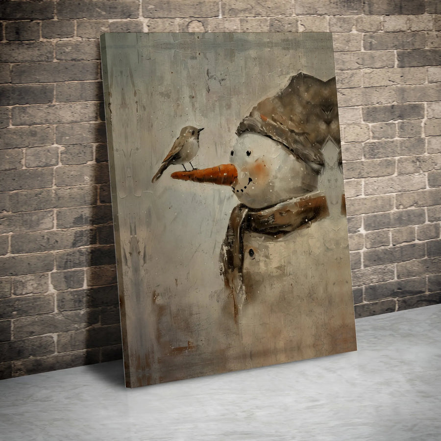 Rustic Snowman Canvas Wall Art | Whimsical Winter Bird Painting | Premium Gallery-Wrapped Print | Cozy Farmhouse Holiday Home Decor Gift