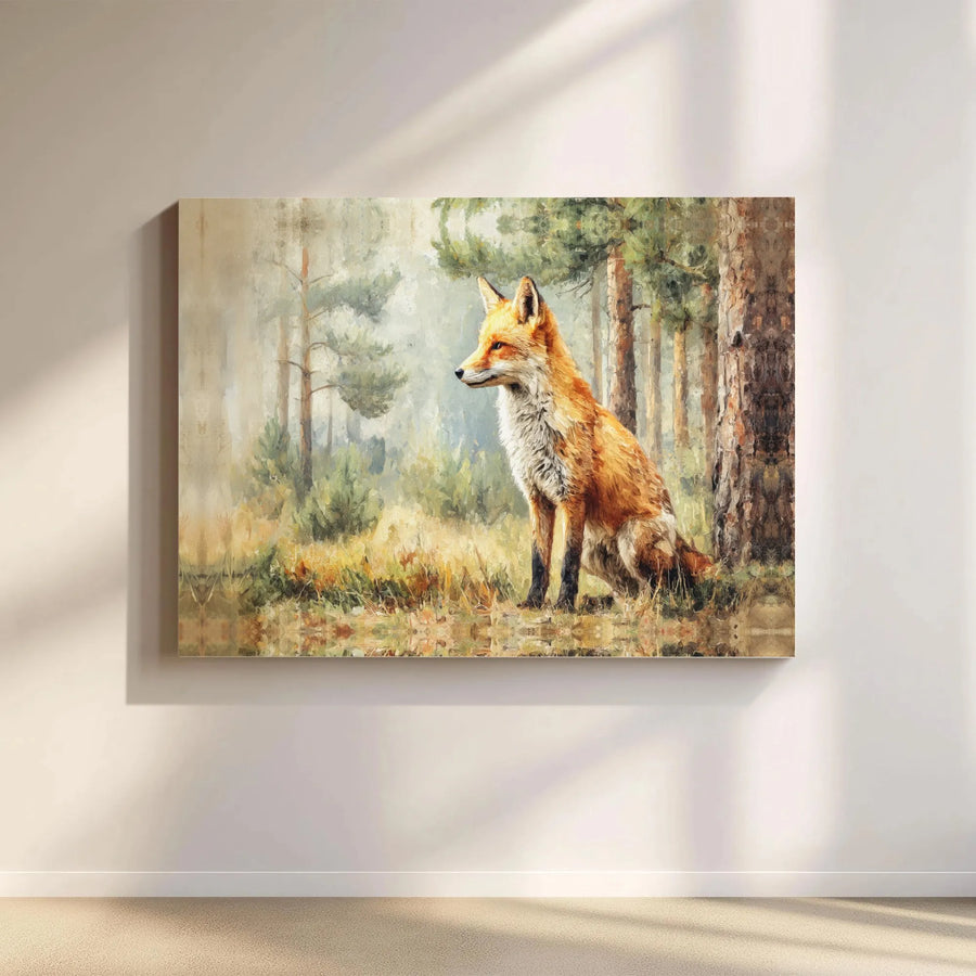 Red Fox Canvas Wall Art | Misty Pine Forest Painting | Premium Gallery Wrap Print | Nature Inspired Home Decor Gift