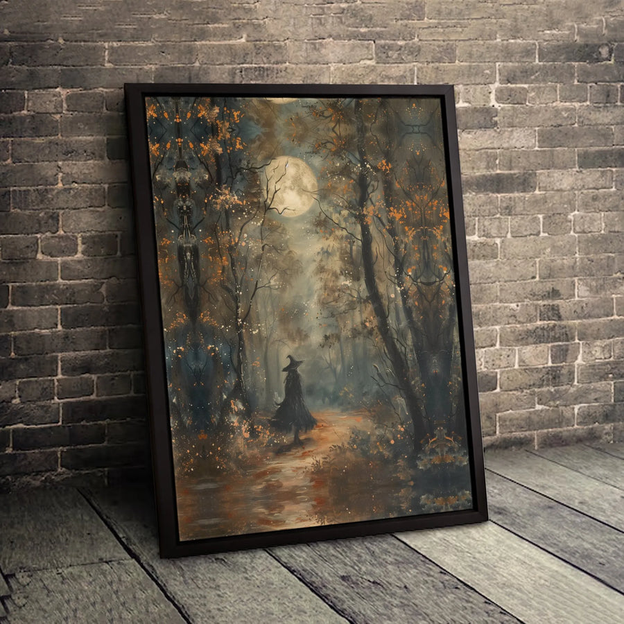 Witch In Forest Canvas Wall Art | Spooky Autumn Full Moon Print | Gallery Quality 1.25-inch Profile | Gothic Home Decor Gift
