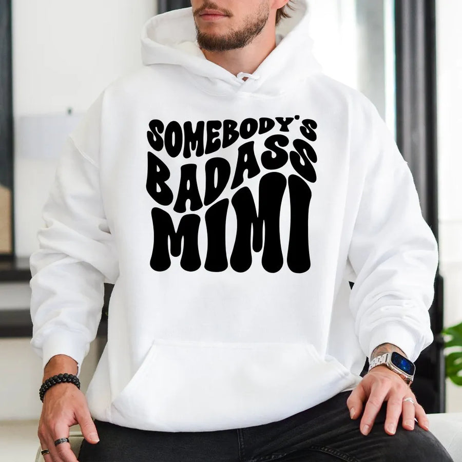 Badass Mimi Hoodie | Retro Wavy Text Graphic | Premium Soft Pullover | Funny Mothers Day Gift for Grandma