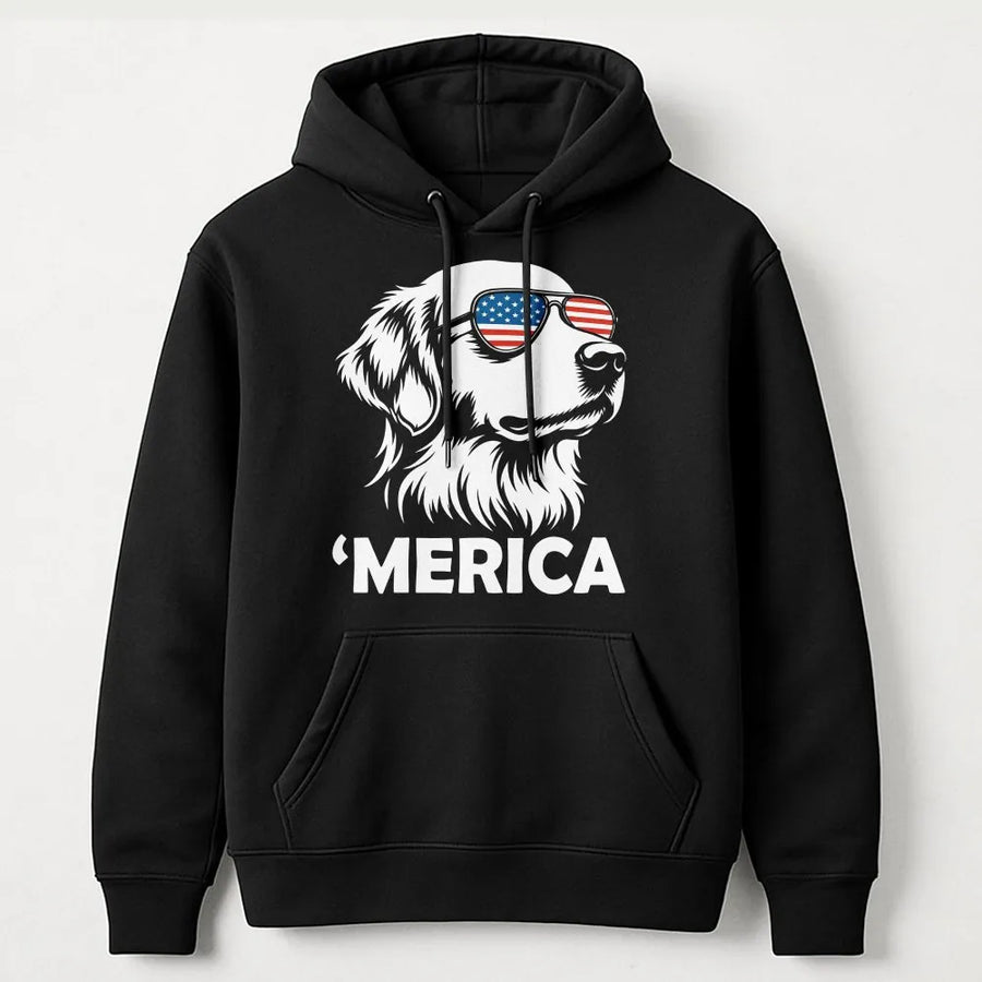 Patriotic Dog Hoodie | Golden Retriever with USA Flag Sunglasses | Premium Cotton Blend | Funny 4th of July Gift for Dog Lovers