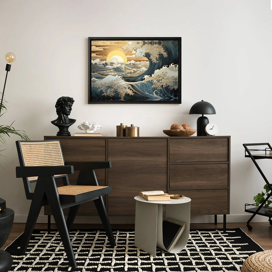 Japanese Great Wave Canvas Wall Art | Golden Sun Nautical Aesthetic | Gallery Quality 1.25-inch Profile | Zen Decor for Living Room or Office