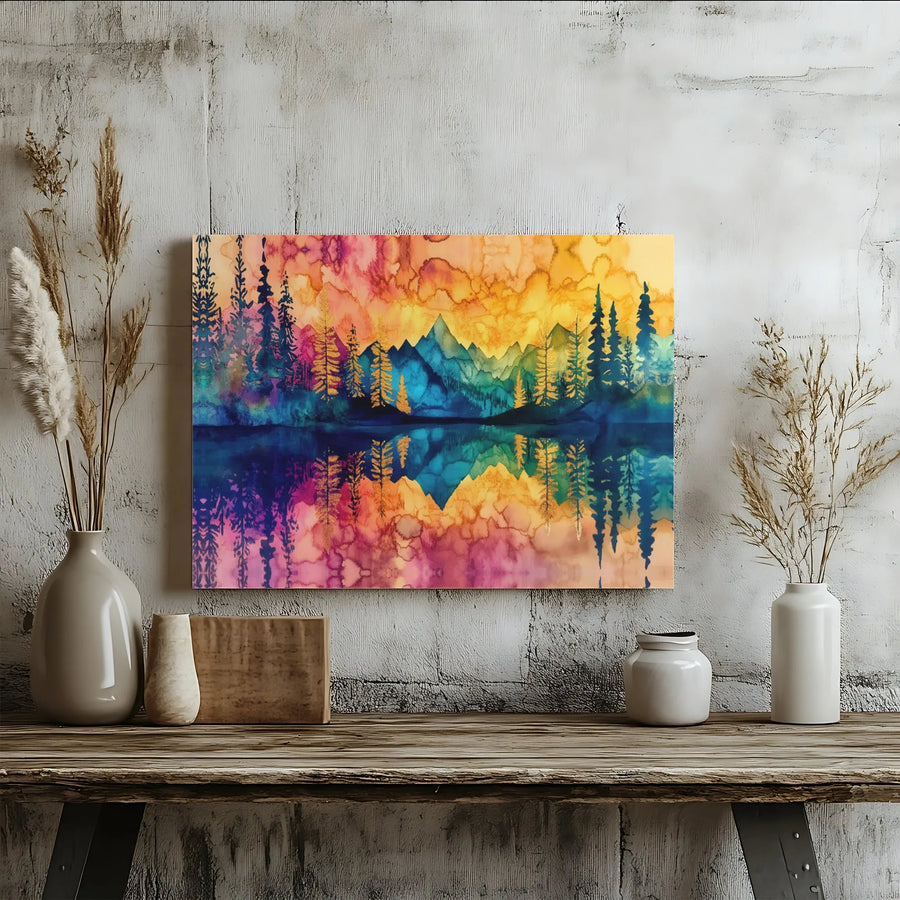 Colorful Mountain Forest Canvas Wall Art | Watercolor Lake Reflection Landscape | Premium Fade-Resistant Print | Modern Gallery Decor Gift
