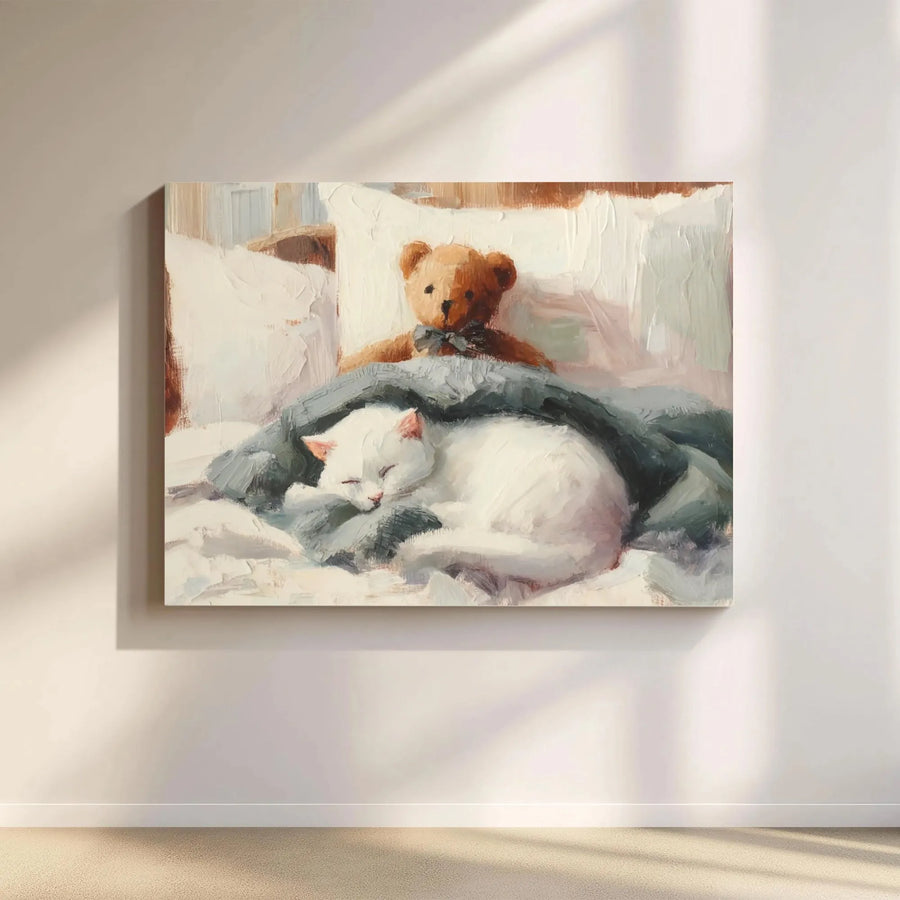 Sleeping White Cat and Teddy Bear Canvas Print | Impressionist Oil Painting Style Art | Premium Gallery-Wrapped Wall Decor | Cozy Bedroom Gift