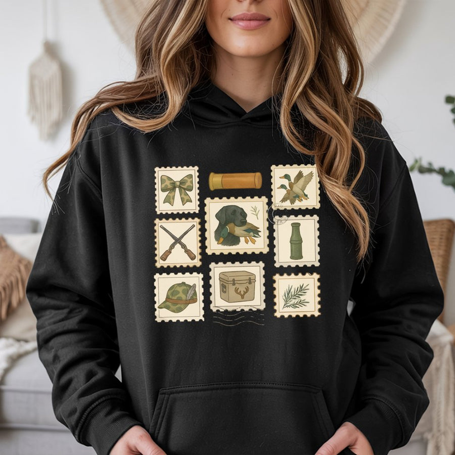 Duck Hunting Hoodie | Preppy Bows & Stamps Graphic | Premium Cotton Blend | Gift for Outdoor Lovers & Country Girls