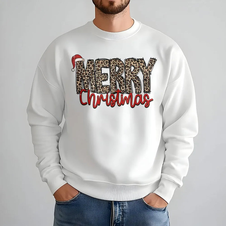 Merry Christmas Leopard Print Sweatshirt | Santa Hat Holiday Graphic | Premium Cotton Blend | Cozy Festive Gift For Women