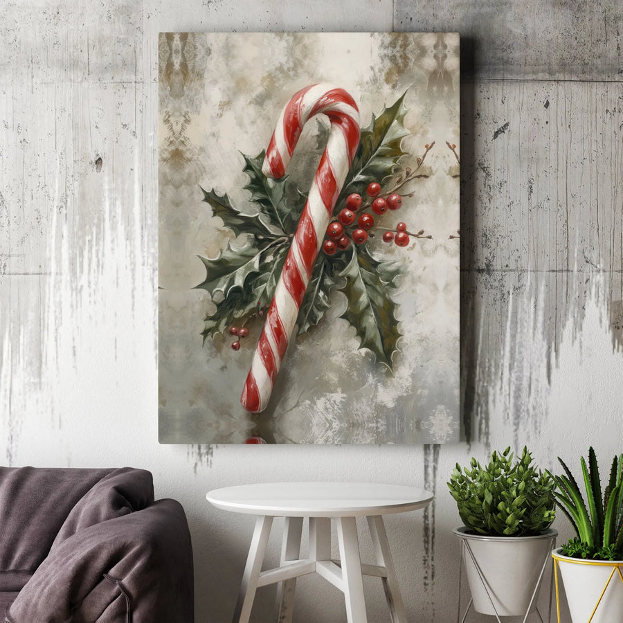 Christmas Candy Cane Canvas Wall Art | Vintage Style Holly Berries Print | Premium 1.25-Inch Gallery Wrap | Festive Holiday Home Decor Gift