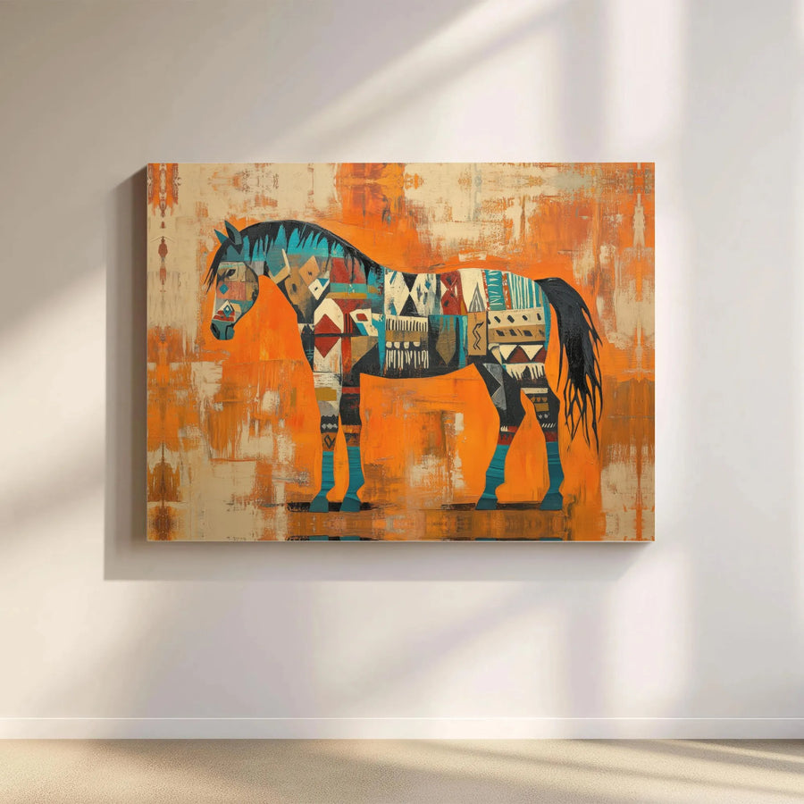 Southwestern Horse Canvas Wall Art Print | Abstract Tribal Horse Painting | Premium Canvas with Fade-Resistant Ink | Rustic Home Decor Gift