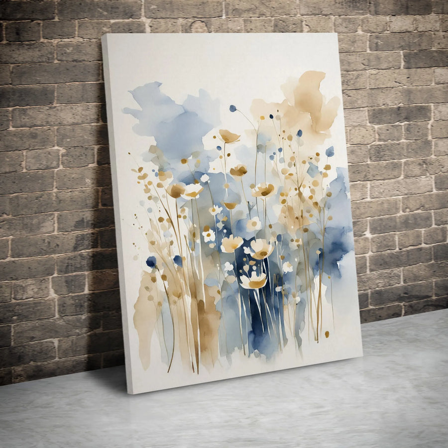 Abstract Watercolor Wildflower Canvas Wall Art | Neutral Blue and Beige Floral Botanical Print | Premium Gallery-Wrapped Decor | Modern Home Office Gift