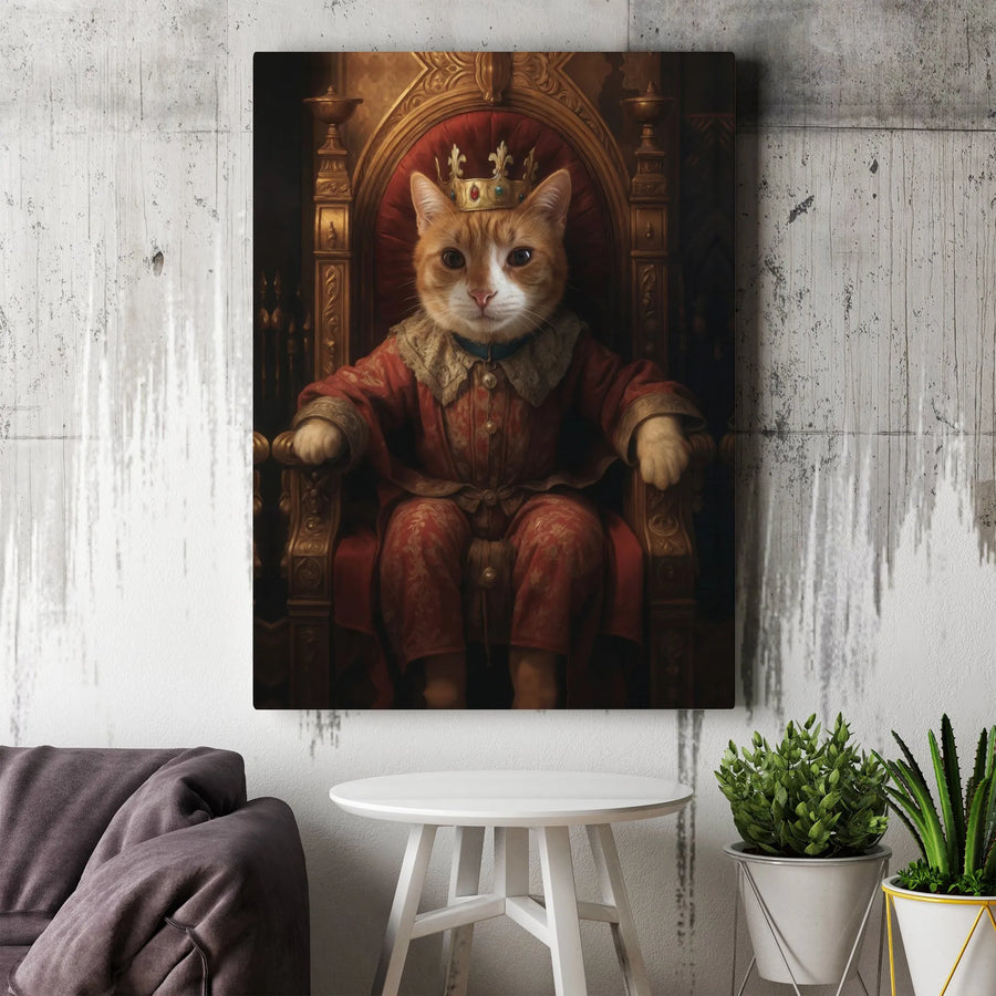 Regal Ginger Cat King Wall Art | Renaissance Style Royal Pet Portrait | Premium 1.25 Inch Thick Canvas | Whimsical Home Decor Gift for Cat Lovers