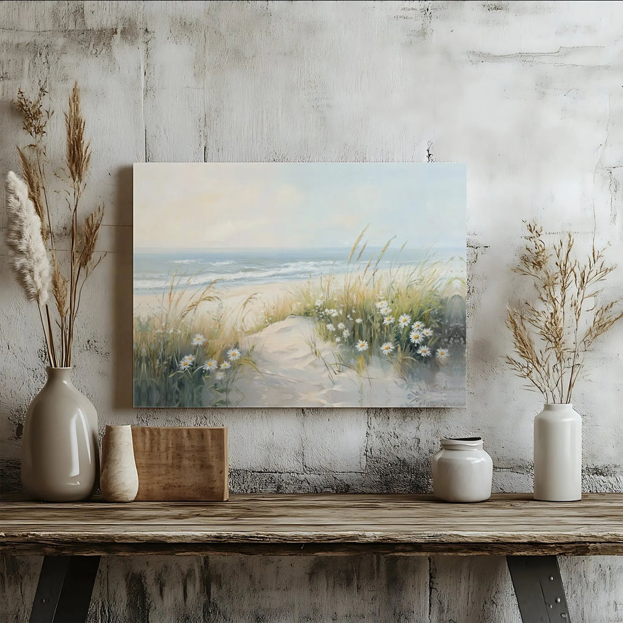 Coastal Seascape Canvas Wall Art | Sand Dunes and Daisy Beach Print | 1.25" Premium Gallery Wrapped | Serene Ocean Home Decor Gift