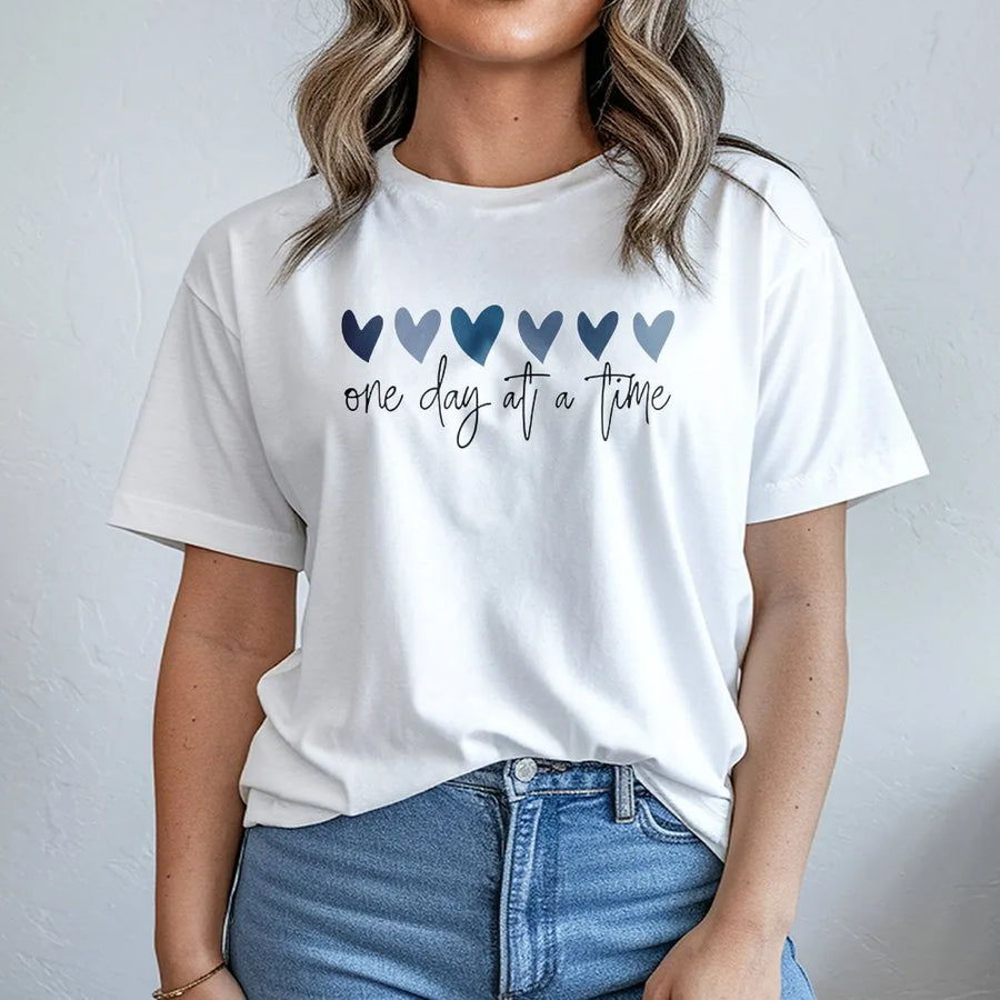 One Day At A Time T-Shirt | Aesthetic Blue Hearts Graphic Tee | Premium 100% Cotton | Mental Health Awareness Gift for Him or Her
