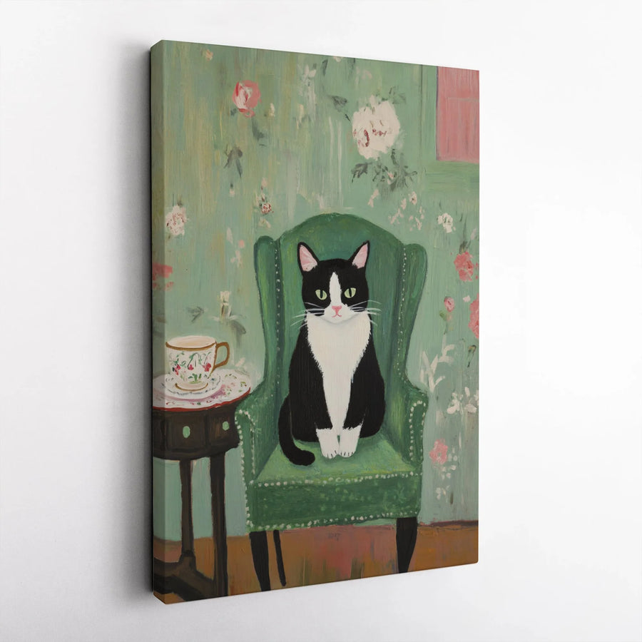 Tuxedo Cat Wall Art | Whimsical Floral Garden Painting | Premium Gallery-Wrapped Canvas | Cute Animal Lover Home Decor Gift
