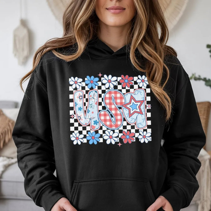 Patriotic USA Hoodie | Coquette Floral Checkerboard Graphic | Soft Cotton Blend | Preppy 4th of July Gift for Women