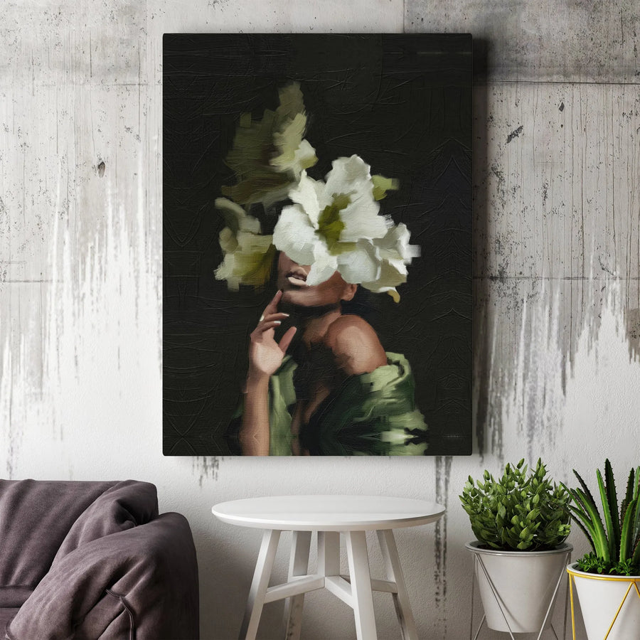 Black Woman Floral Art Canvas Print | Elegant Flower Face Portrait | Premium Gallery Wrap Wall Decor | Moody Botanical Home Office Gift