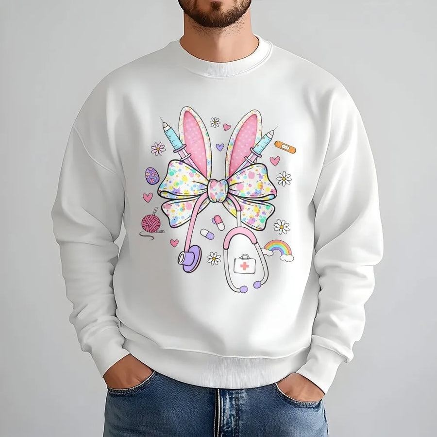 Nurse Bunny Bow Sweatshirt | Pastel Easter Medical Graphic | Premium Cotton Blend Crewneck | Cute RN Nurse Appreciation Gift for Her