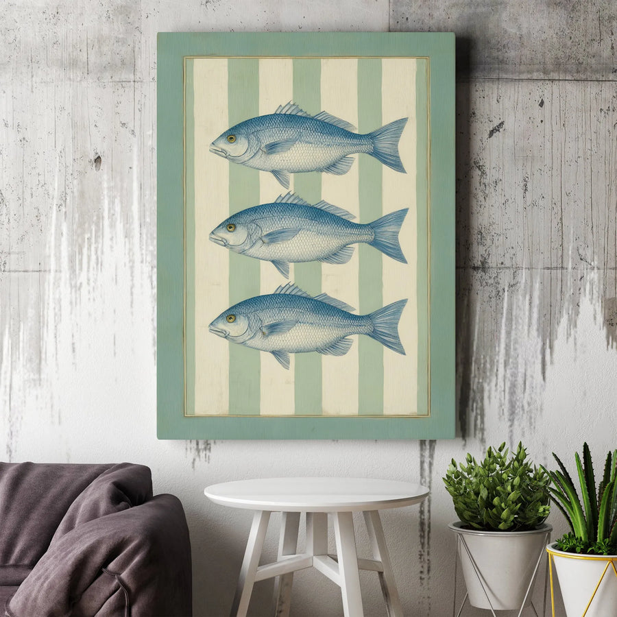 Vintage Fish Vertical Canvas | Coastal Cottage Fish Illustration | Premium Gallery Wrap Print | Nautical Home Decor Gift