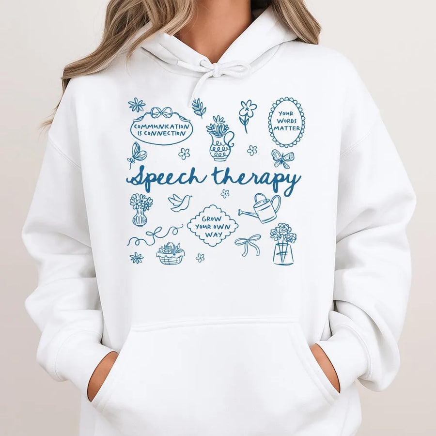 Speech Therapy Hoodie | Floral Doodle Art Graphic Tee | Soft 100% Cotton | Gift for Speech Language Pathologist SLP