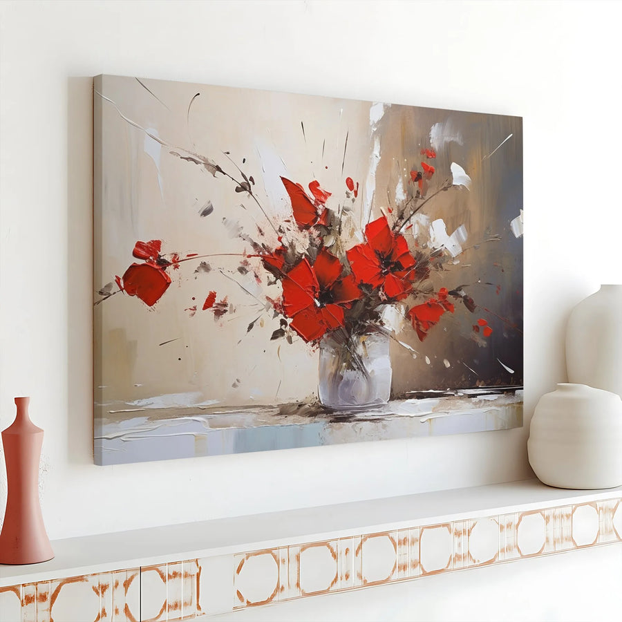 Abstract Red Floral Canvas Wall Art | Textured Oil Painting Style Vase Print | Premium Gallery-Wrap | Modern Home Decor Gift