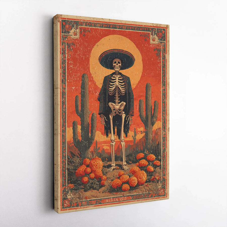 Dia De Los Muertos Wall Art | Vintage Skeleton Sombrero Canvas Print | Premium Gallery Wrapped Decor | Mexican Folk Art Gift For Home