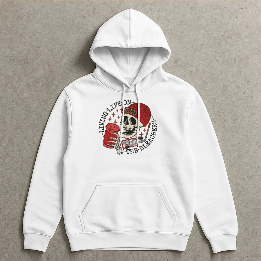 Living Life On The Bleachers Hoodie | Hockey Mom Skull Graphic | Premium Cotton Blend | Gift For Hockey Moms & Sports Fans