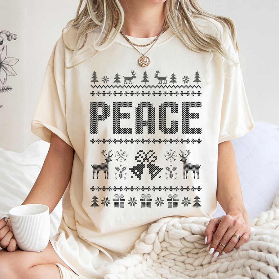 Peace Ugly Christmas T-Shirt | Festive Reindeer Nordic Pattern | Premium 100% Cotton Holiday Top | Matching Couples Xmas Gift For Adults